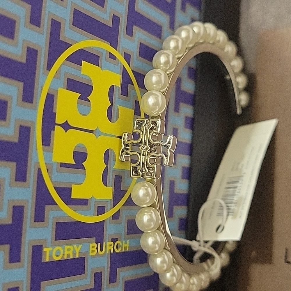TORY BURCH PLATINUM TONE PEARL EMBELLISHED CUFF BANGLE NWT